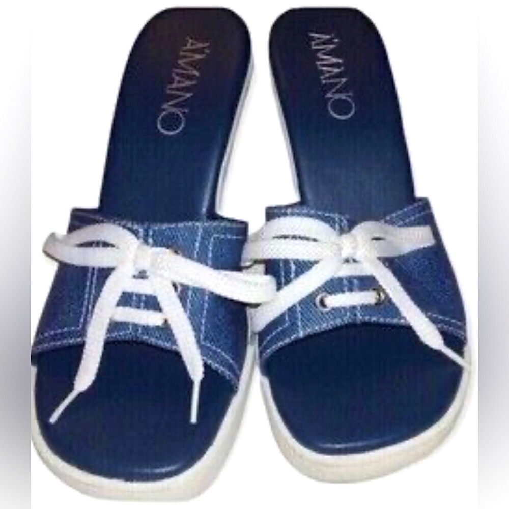 A’MANO Sandals heels Slides Sneaker style w laces Navy & White Size 9 Amazing